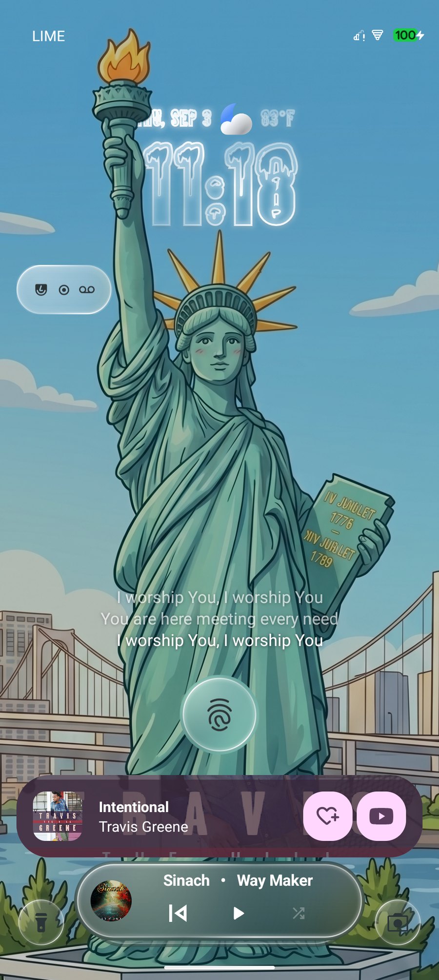 The AuroraOSP lock screen: a custom dripping clock, the song's lyrics
                      following along underneath, and the Now Bar showing what is playing.